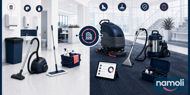 Commercial cleaning vs janitorial services comparison by scope, frequency, equipment and quality control