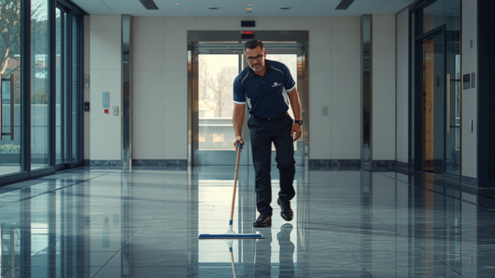 Cleaner mopping the lobby floor of a strata building as part of a scheduled common property clean.
